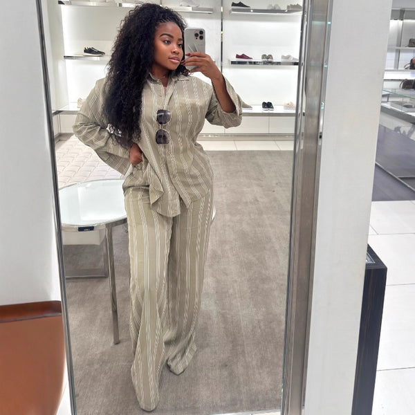 Cross-border European and American women's clothing large size casual loose lapel long-sleeved shirt African loose casual trousers two-piece set women