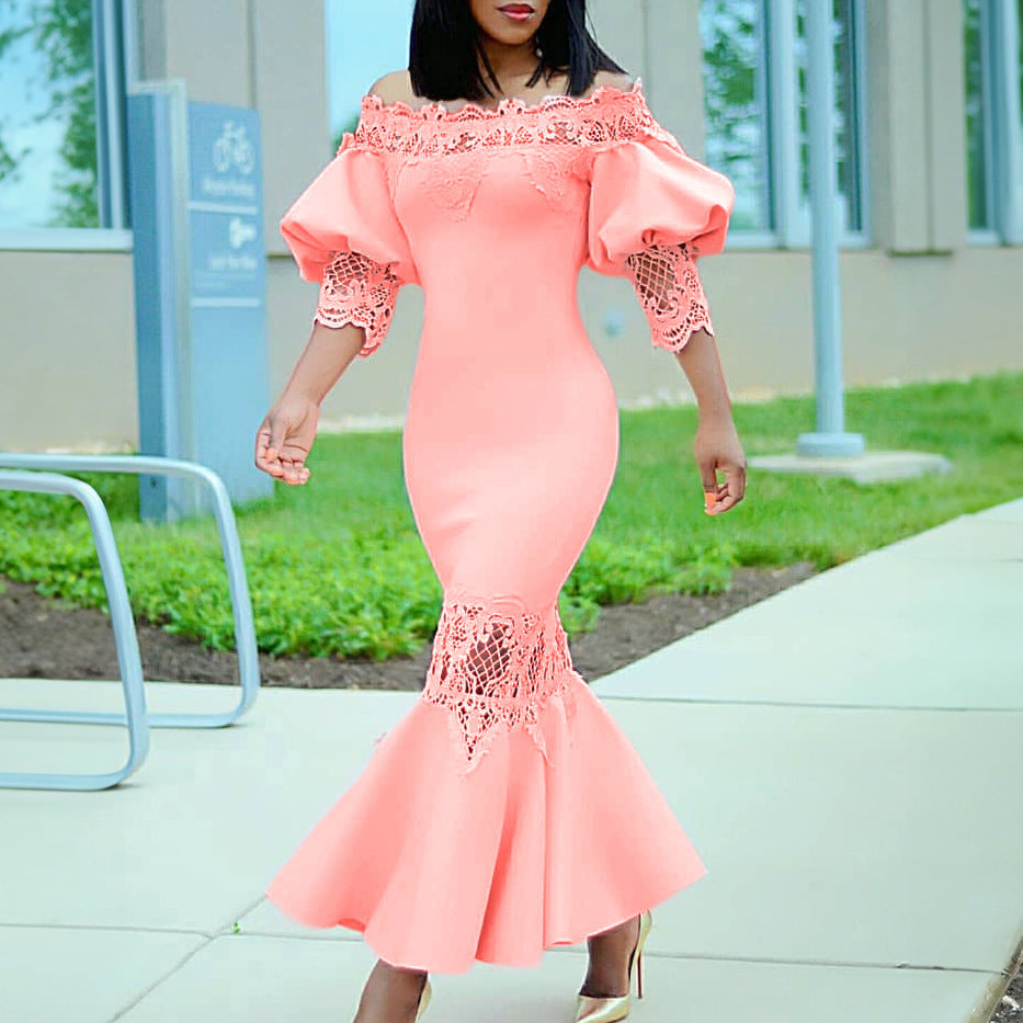 D3223 cross-border e-commerce  summer new arrival off-the-shoulder lace trim elegant mermaid dress evening gown european and american style dress