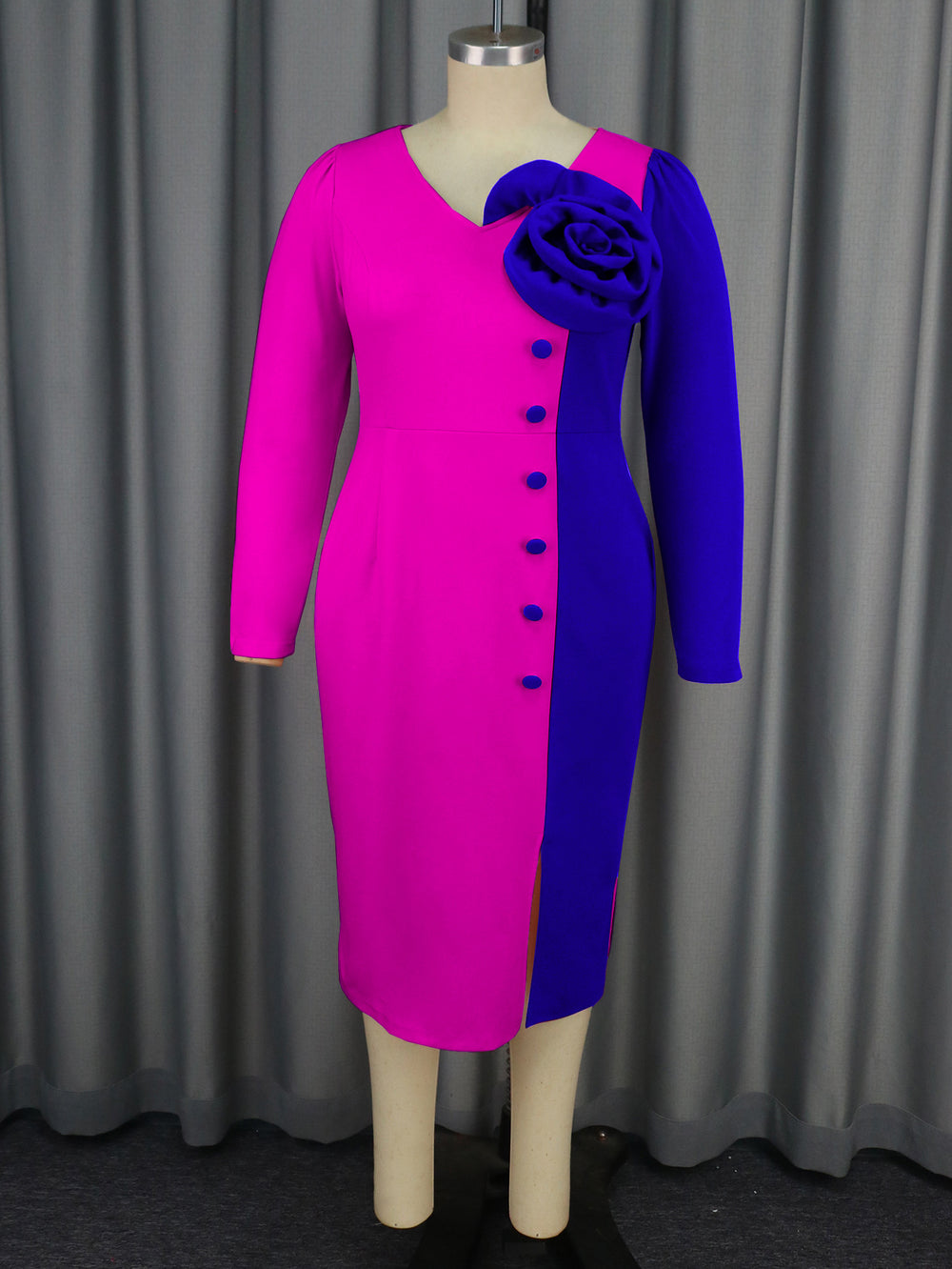 Personalized color block rose print dress - party banquet v-neck long sleeve midi evening gown