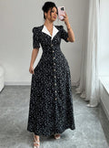 new european and american style fitted v-neck floral print elegant dress