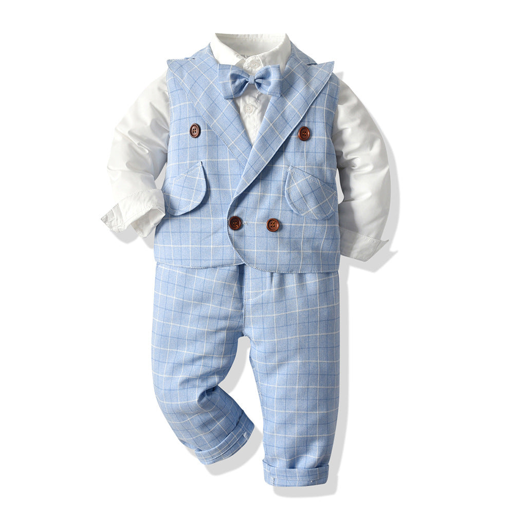 New spring/summer children's clothing: korean style plaid vest, pants, and top three-piece set. wholesale and dropshipping available for baby apparel
