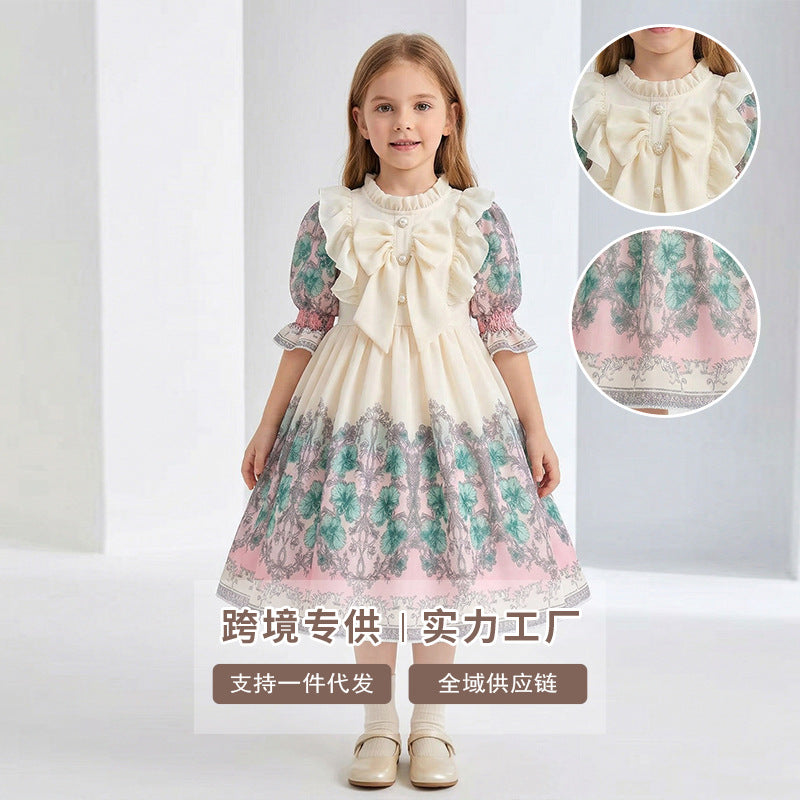 Girls' chiffon printed custom pattern dress - stylish, trendy bubble sleeve - cross-border wholesale children's clothing