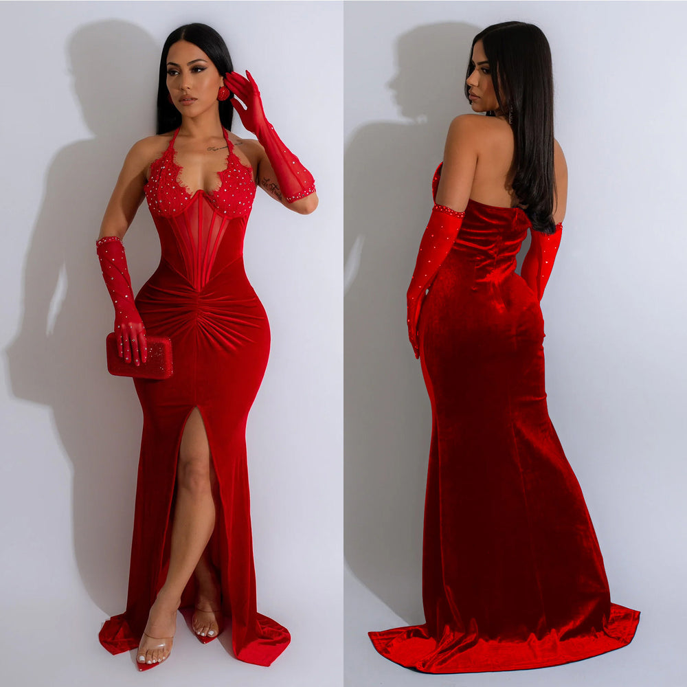 C6801 cross-border   fashion women's solid color halter neck slit sexy maxi dress