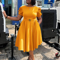 C8601 cross-border women's fashion: european & american  style - round neck, elegant, figure-flattering, a-line dress with puff sleeves and a flowy skirt