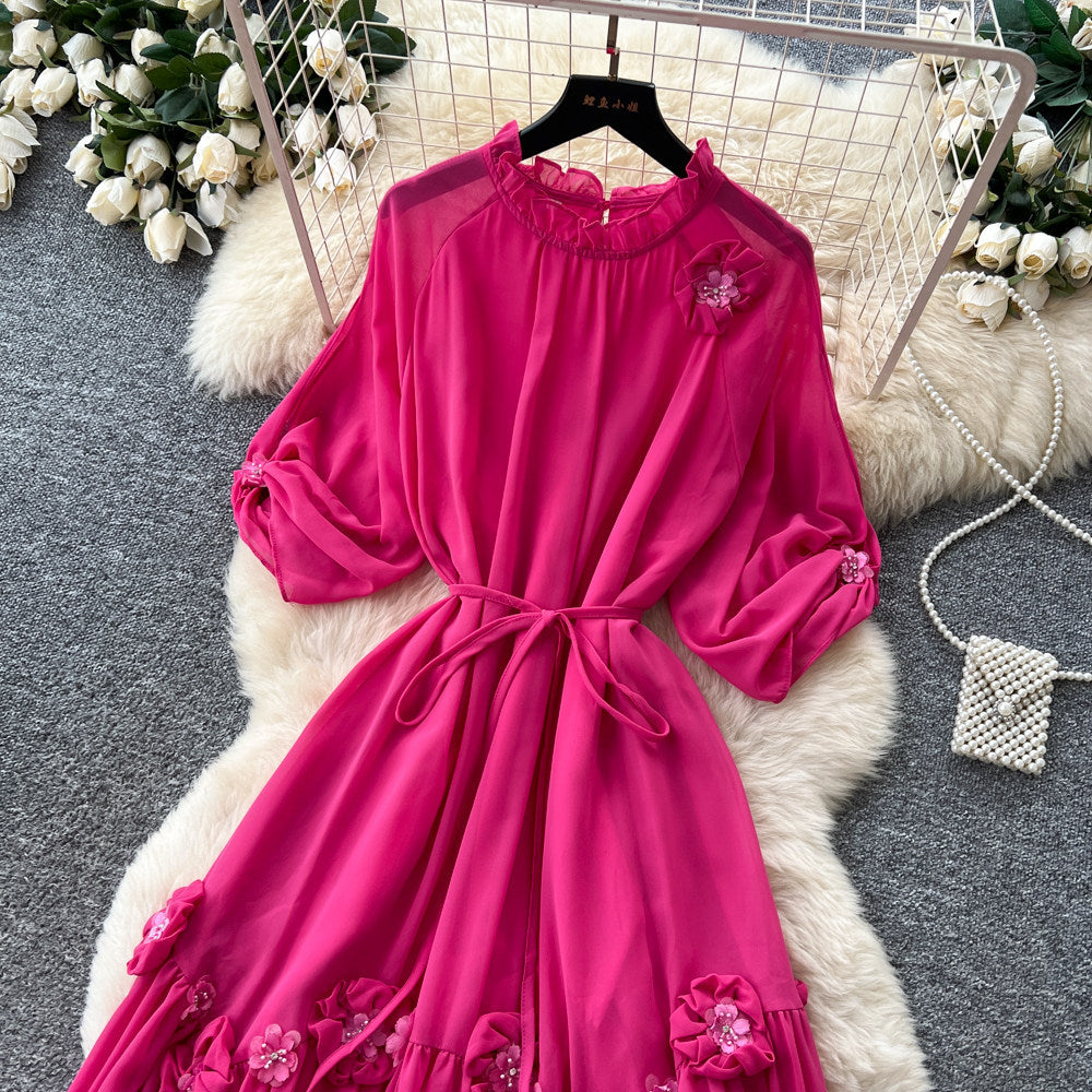 Qianjin feng accessible luxurysense of designstereo flower dress female summerlong sleeveshigh waista-line skirteleganceelegant