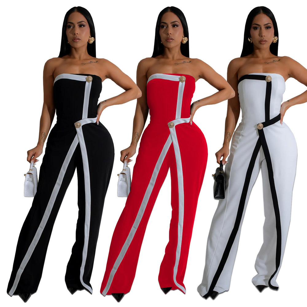 C7205 cross-border   fashion women's sexy bandeau sleeveless backless button jumpsuit
