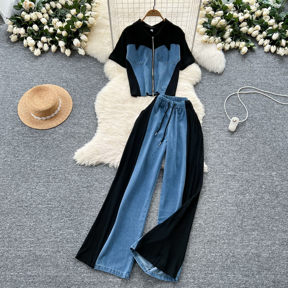 Summer outfit set: women's casual retro lapel faux two-piece short sleeve top with high-waisted patchwork denim wide-leg pants