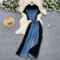 Summer outfit set: women's casual retro lapel faux two-piece short sleeve top with high-waisted patchwork denim wide-leg pants