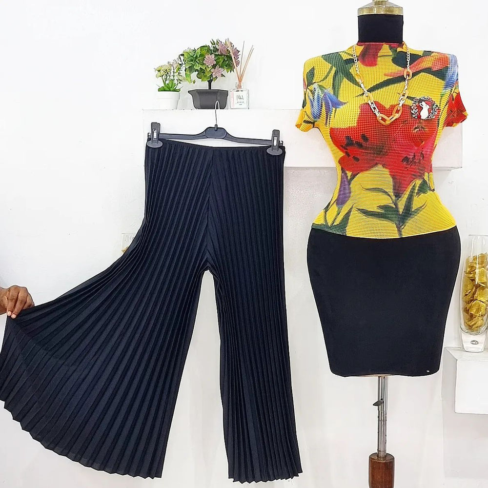 European and american style fashion queen set for women - summer french chic high-end printed top + loose pleated wide-leg pants