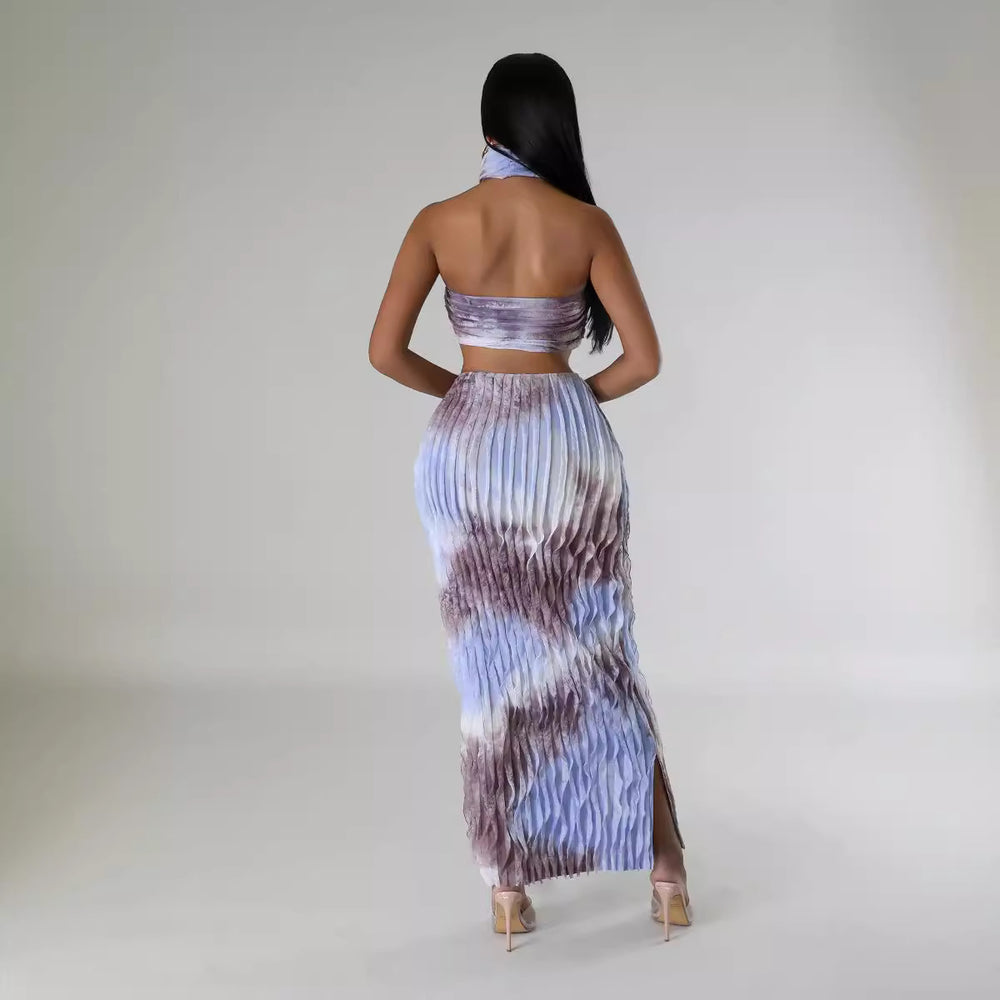 European and american cross-border fashion sexy women's clothing  summer new arrival: halter neck wrap, backless maxi dress three-piece set