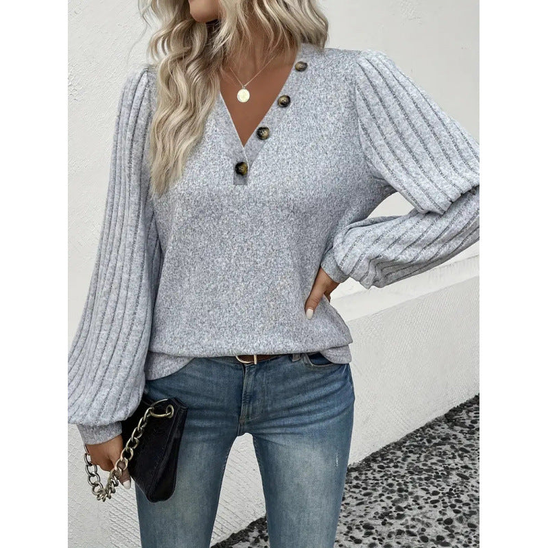 Shipped:  autumn new arrivals - women's button-decorated, patchwork v-neck t-shirt pullover for cross-border fashion in europe and the us