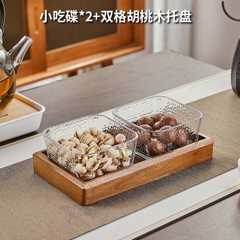 Walnut wood fruit bowl snack storage box - premium glass dried fruit dish - coffee table dessert & candy organizer
