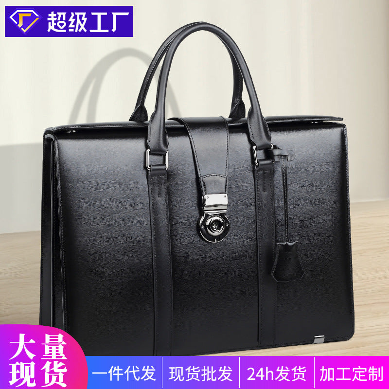 New leather men's bag combination lock briefcase commuter business computer bag large capacity cowhide men's handbag