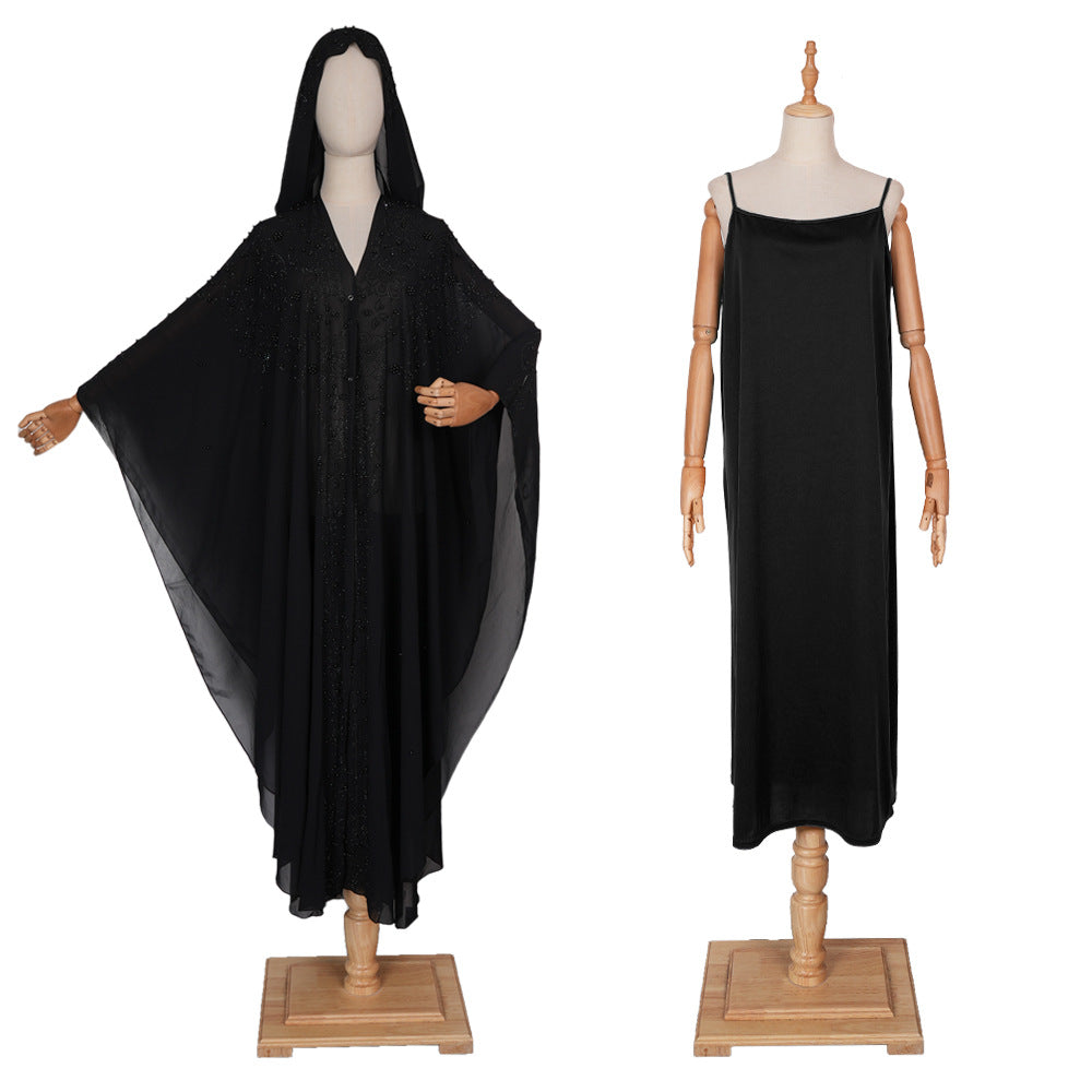 e-commerce black beaded robe african plus size women's hooded two capsules button bat sleeve dress