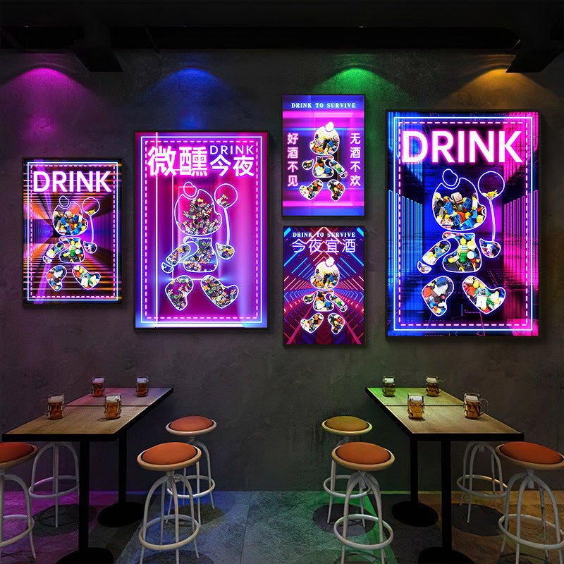 Trend luminous violence bear decorative painting hairdresser bar KTV creative led ambient light building block bear kaws hanging painting
