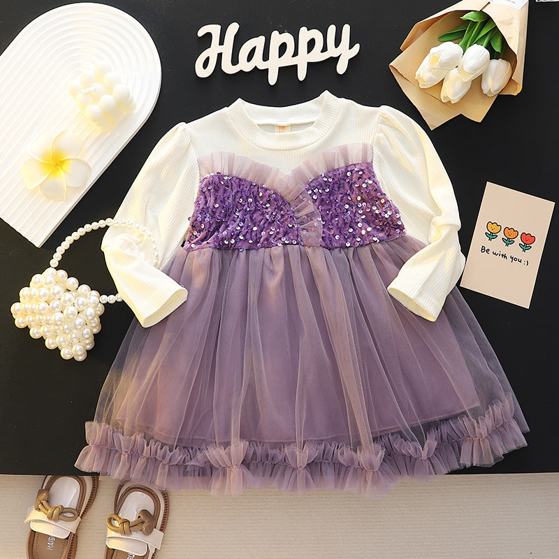 Girls' spring mesh princess dress - kids' round neck sequin party dress with long sleeves and layered tulle skirt