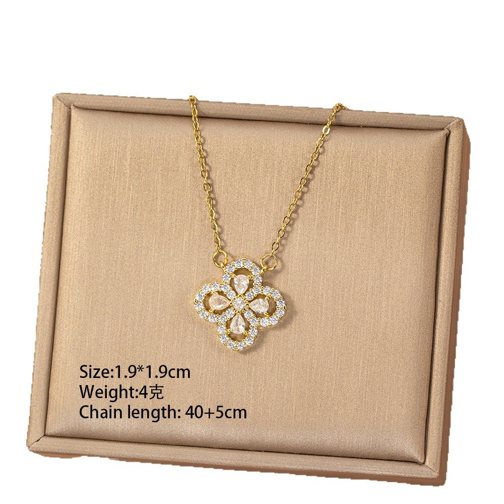 【titanium steel】trendy bestseller copper inlaid zircon full diamond four-leaf clover necklace for women, lightweight luxury, non-fading, high-end clavicle chain