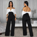 C7498 cross-border   fashion women's casual v-neck backless black and white wide-leg jumpsuit new