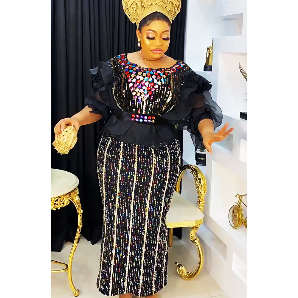 new party evening dress, heavily rhinestone embellished, hot-selling  african women's dress with belt included
