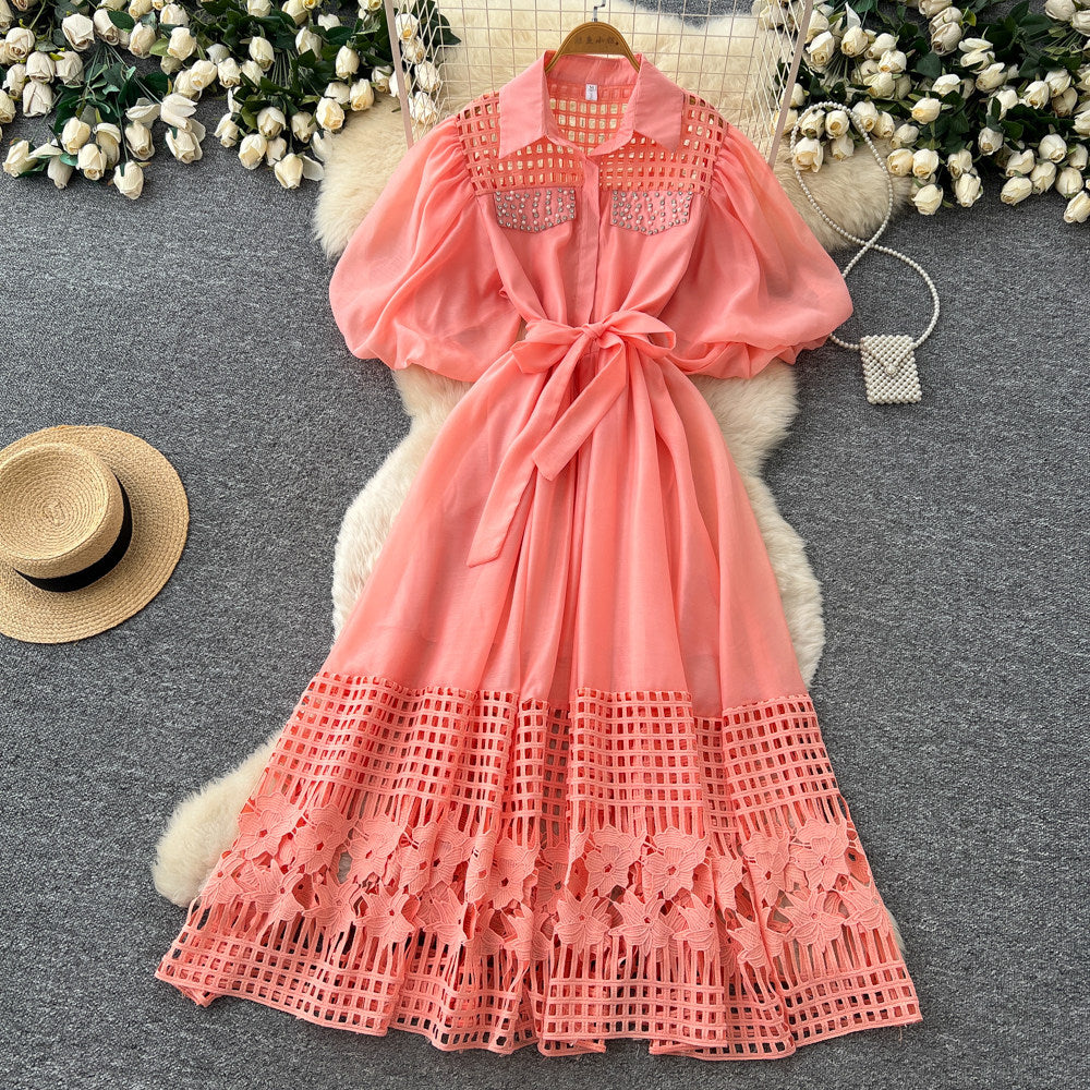 new yellow hollow-out lace-up short sleeve dress - women's summer korean style french chic elegant a-line dress
