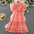 new yellow hollow-out lace-up short sleeve dress - women's summer korean style french chic elegant a-line dress