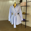 European and american cross-border women's fashion:  summer new collection - stylish, designer tie-strap blue striped long-sleeve shirt dress