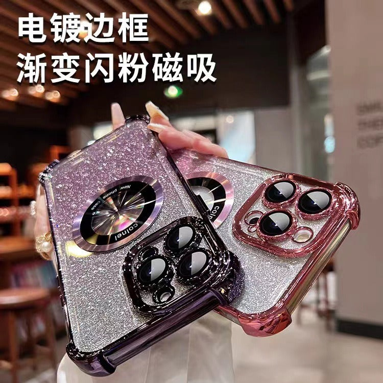 Suitable for iphone17pro electroplated four-corner lens film mobile phone case apple 15 glitter magnetic holder protective cover