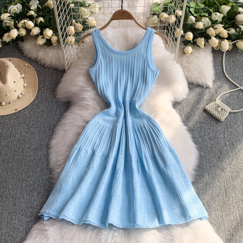 French blue u-neck sleeveless knit dress - women's new summer casual a-line midi dress, slimming and figure-flattering for curvy figures