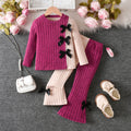 autumn girls' outfit: color block ribbed long sleeve top with bow detail and micro-flare pants - kids' two-piece set