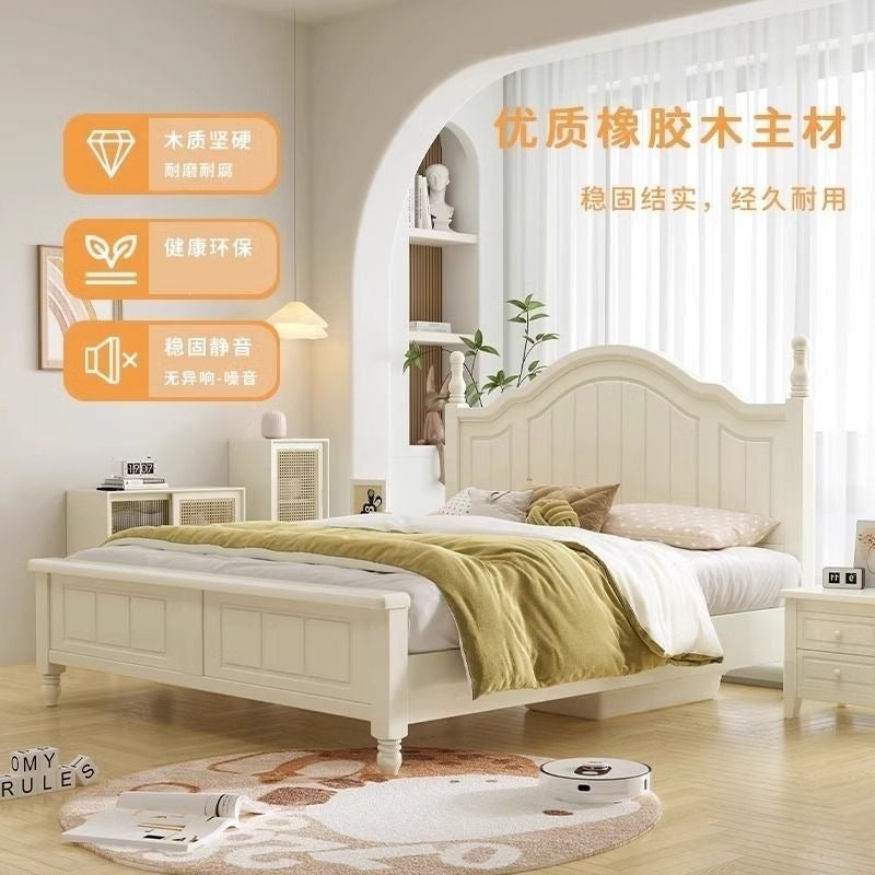 Nordic white cream solid wood bed - modern minimalist 1.8m double bed for master bedroom, 1.2m single bed with storage, wedding bed