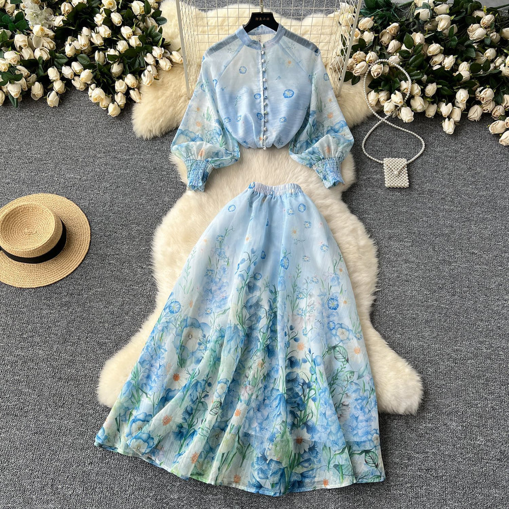 European and american style women's two-piece set: elegant lantern sleeve button-up slim-fit top with high-waisted printed mesh skirt