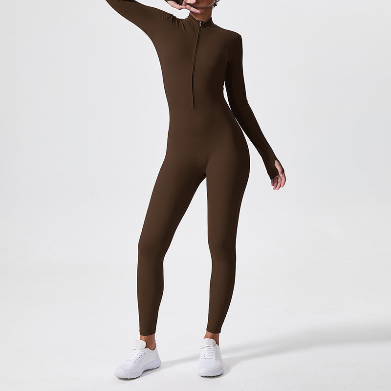 long-sleeve outdoor sports bodysuit gym outfit zipper training tight butt-lifting sports jumpsuit yoga suit