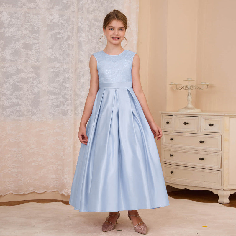 Custom-made girls' formal dresses for export: v-neck, bow accent, long princess dress for mid-to-large children, european and american style satin skirt
