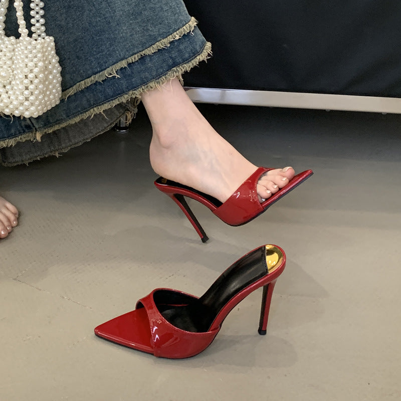 European and american summer new pointed-toe stiletto heel patent leather slippers, versatile sexy red women's sandals, slimming design