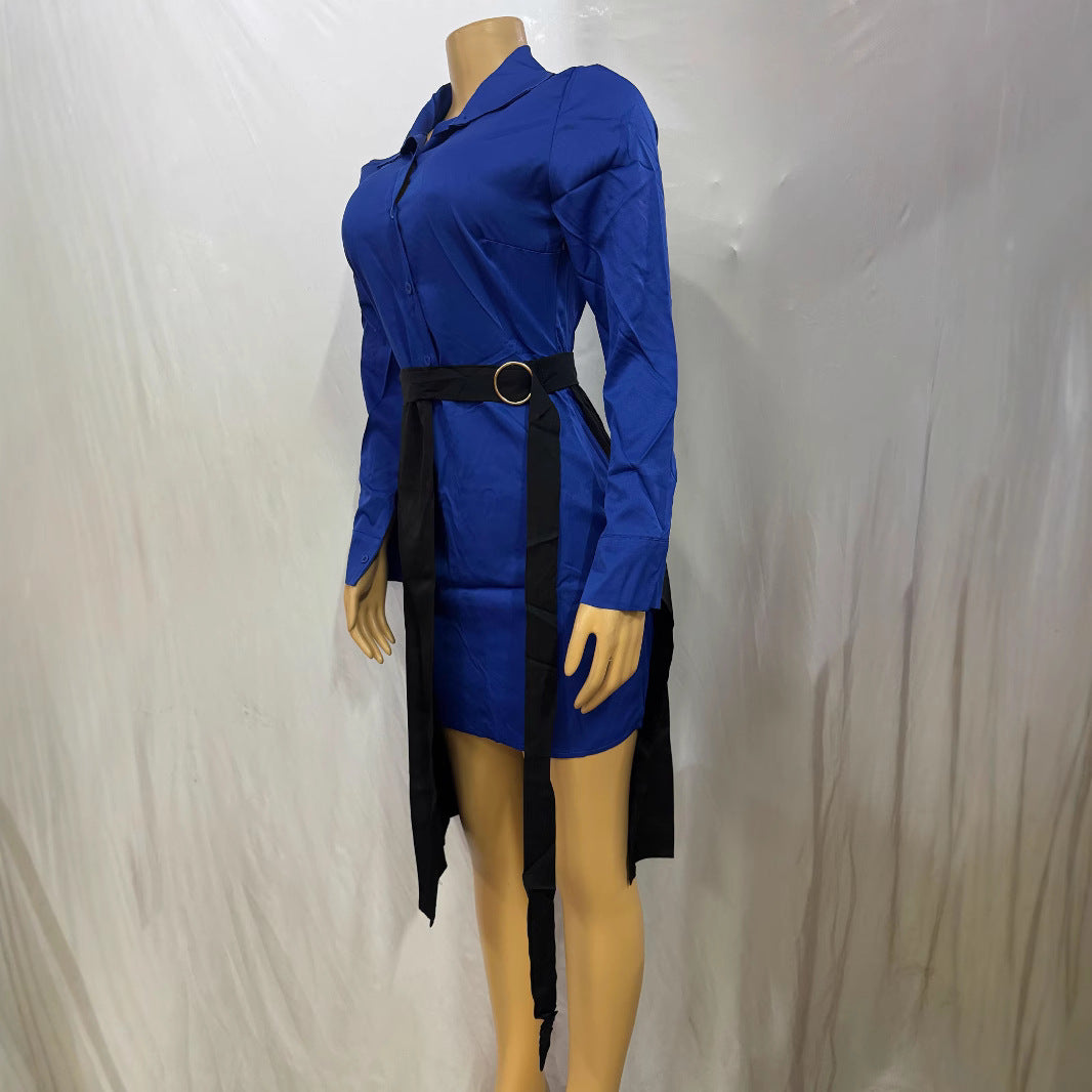 Cross-border European and American new models with belt lapel half cardigan waist hip wrap long sleeve color matching irregular dress women's clothing