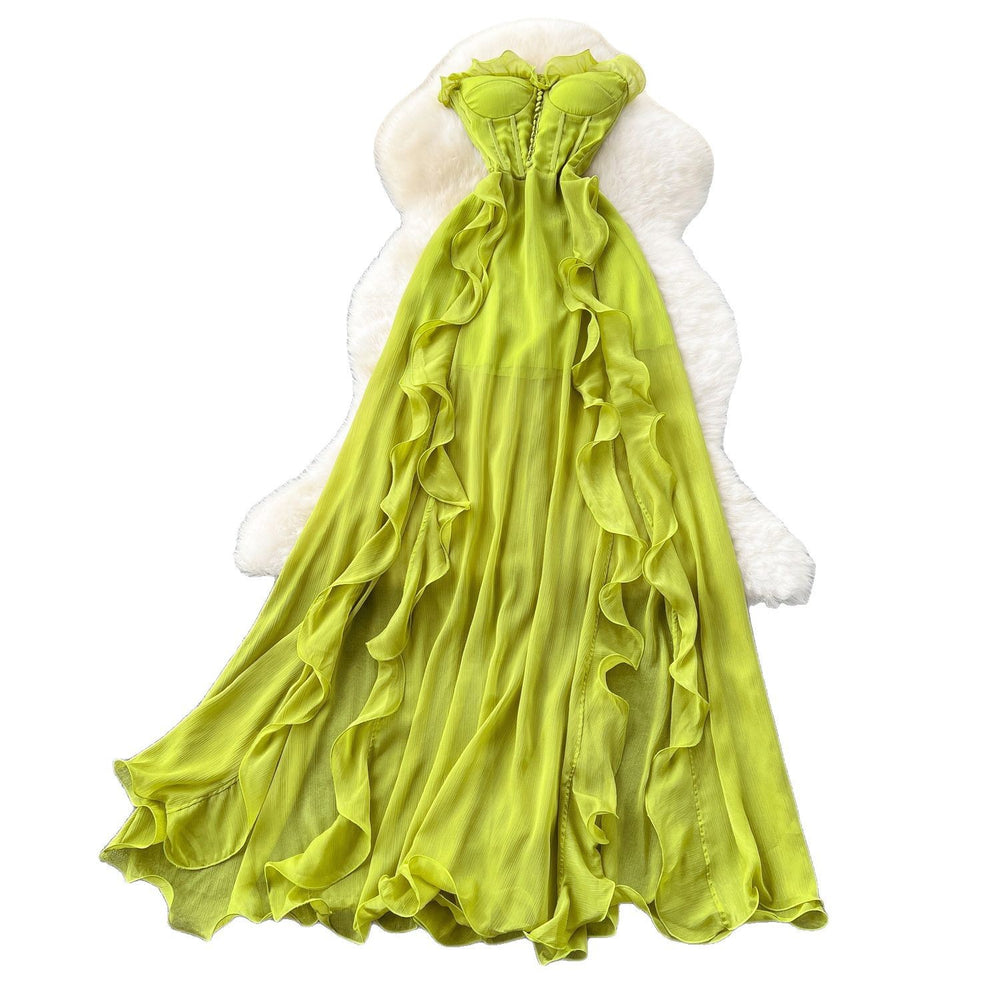 Vacation-ready dress:  summer french-inspired sexy bandeau dress - slimming, high-waisted, slit, ruffle-trimmed, asymmetrical maxi dress