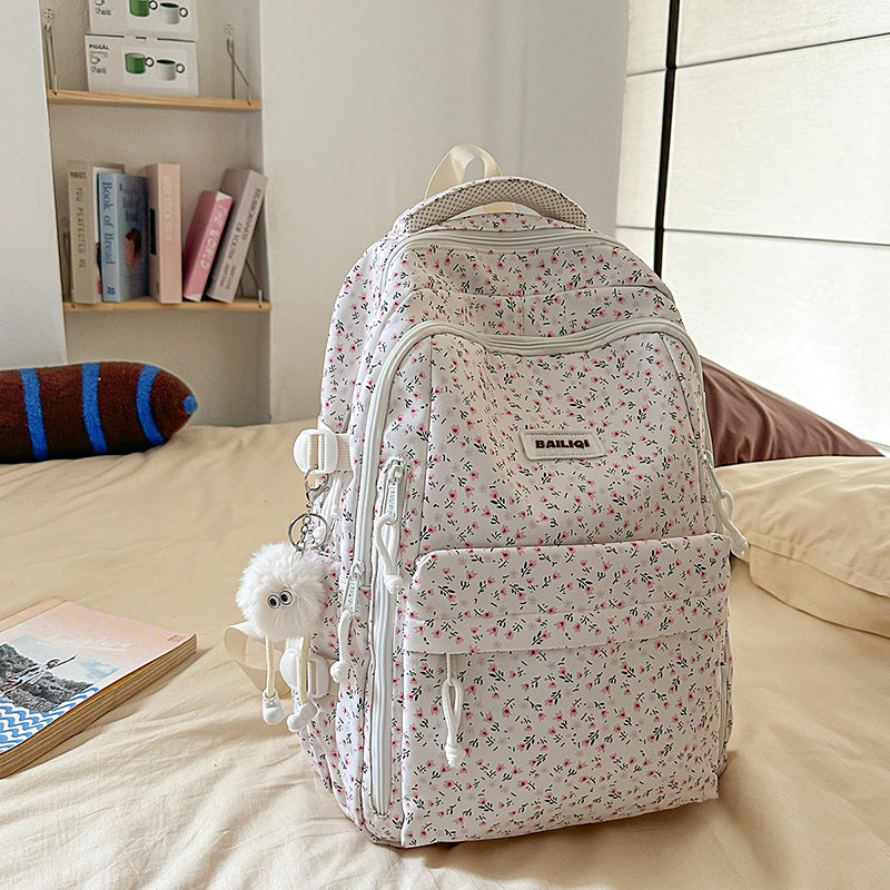 Rustic style backpack for female college students - minimalist polka dot floral cute girl's backpack - large capacity women's school bag