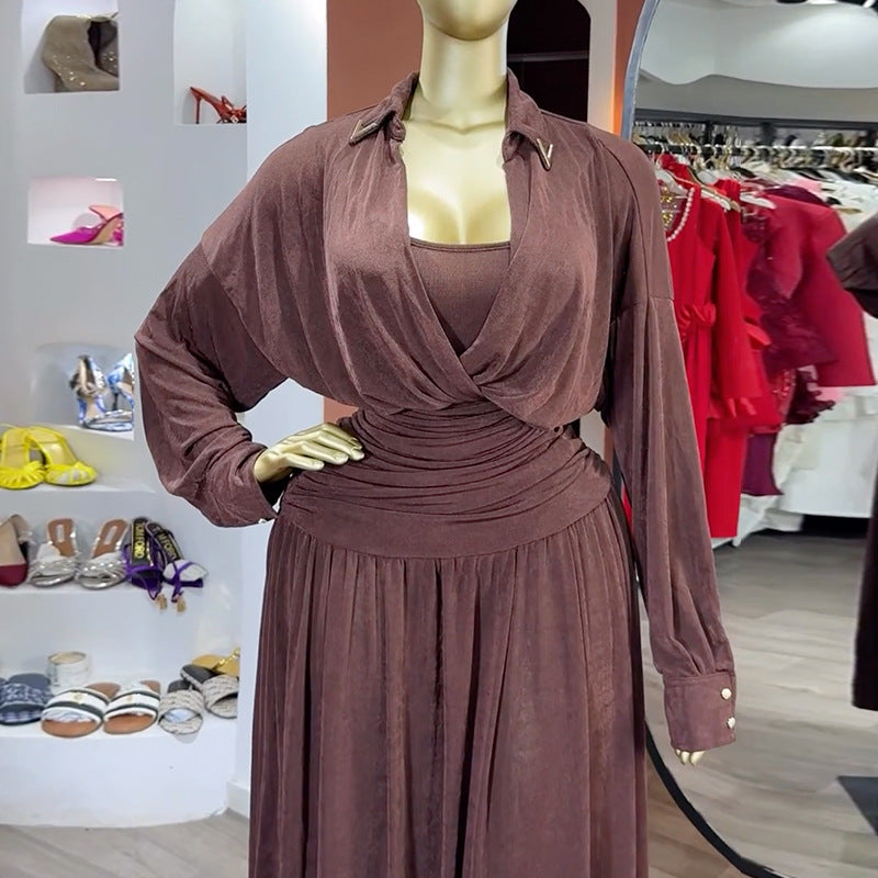 European and american style women's  autumn sweet & fresh collared batwing sleeve blouse with high-waisted slimming a-line midi skirt two-piece set