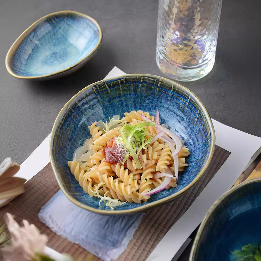 Kiln-turned creative cloth pattern salad bowl retro ceramic western food special-shaped soup bowl japanese irregular bowl chopstick-style noodle bowl