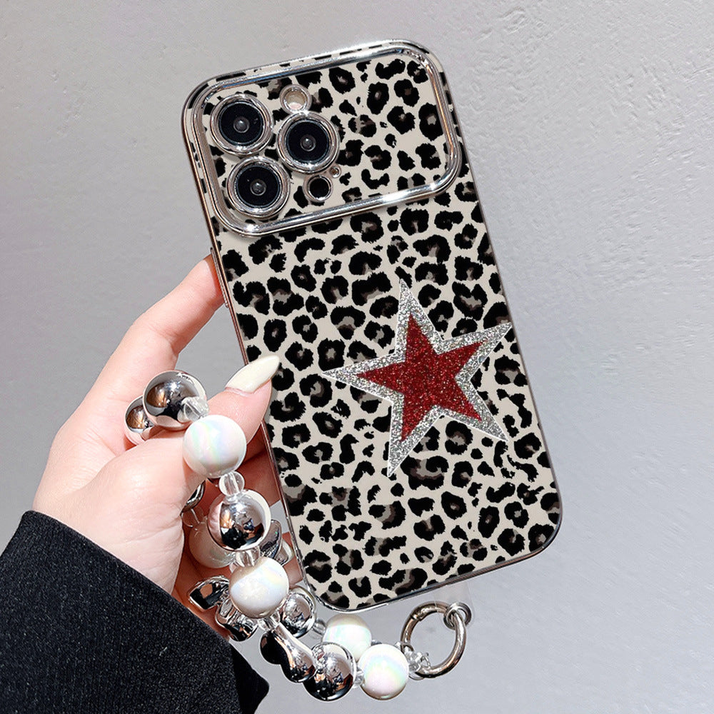 Suitable for iphone 16 glitter pink leopard print phone case apple 17 with beaded chain high-end full cover soft case