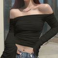 Export fashion new arrivalsexy double-layer mesh tops sweet one-shoulder pleated bell long sleeves t-shirt for women