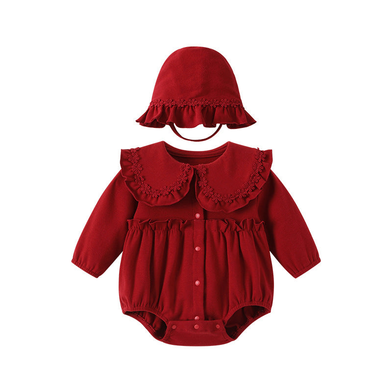 Spring autum baby girl full moon 100 days red festive princess romper autum baby doll collar cute jumpsuit