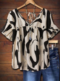 European and american casual women's blouse - abstract graffiti print, v-neck, ruffle sleeves, tie-back, loose fit pullover shirt