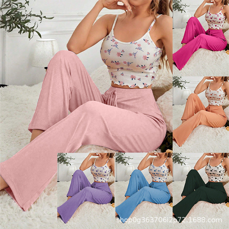 Sexy underwear popular in Europe and the United States, sexy leisure sports printing waist gathering suspender, solid color tether trousers set