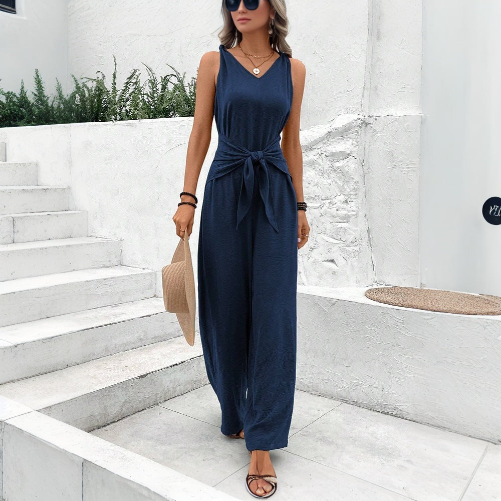 spring/summer european and american cross-border women's fashion new arrival: v-neck wide-leg jumpsuit, sleeveless designer romper for women