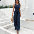 spring/summer european and american cross-border women's fashion new arrival: v-neck wide-leg jumpsuit, sleeveless designer romper for women