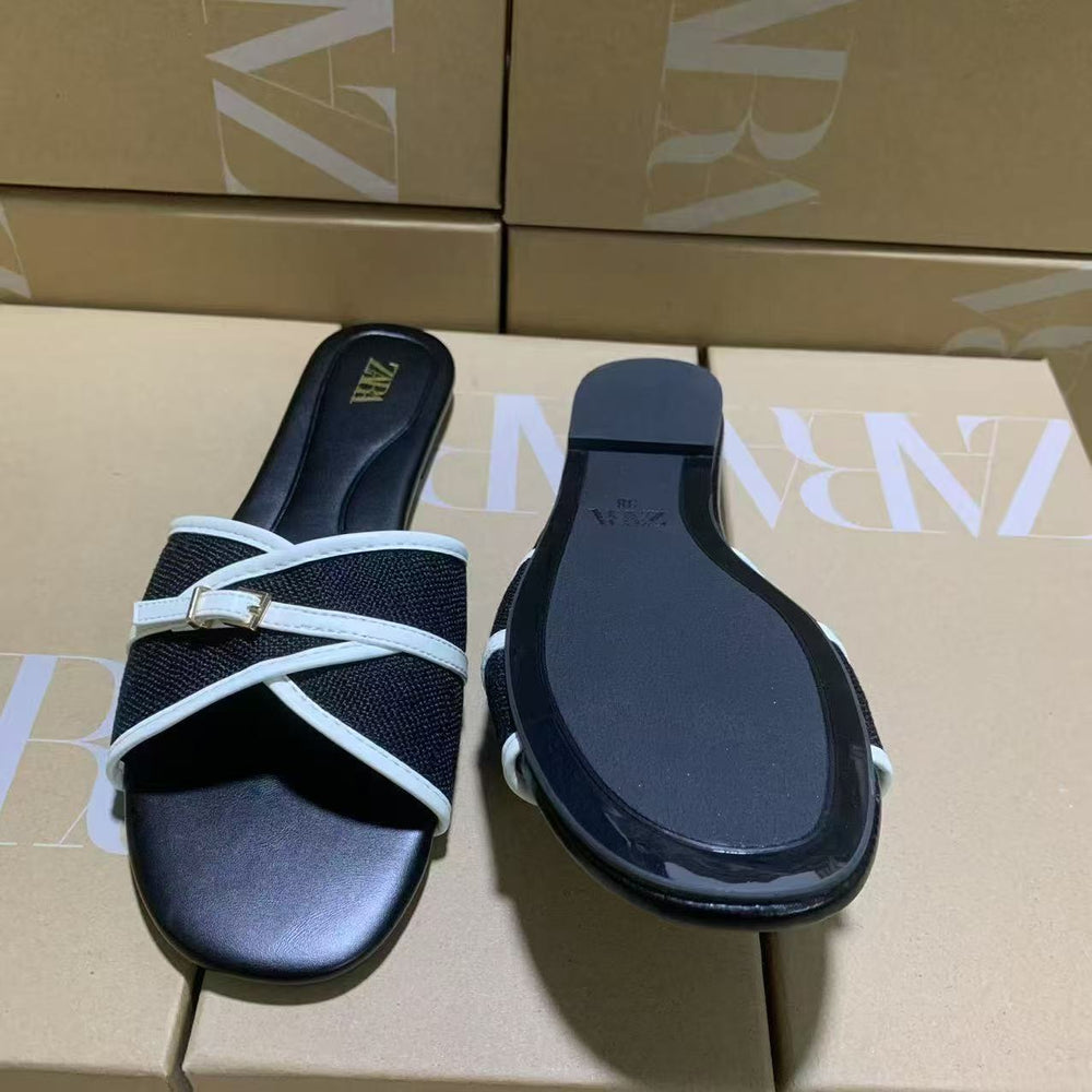 Za2025new arrival shoes new product banquet shoes slippers fashion square toe flats sandals women's shoes cross buckle women's shoes