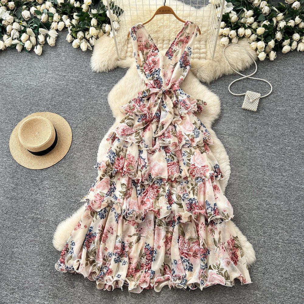 French floral sweet princess style dress - women's summer v-neck sleeveless high-waisted a-line maxi dress - commute chic