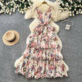 French floral sweet princess style dress - women's summer v-neck sleeveless high-waisted a-line maxi dress - commute chic
