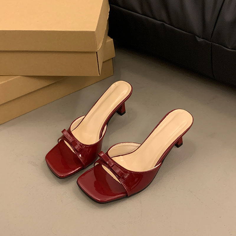 French high-heeled slippers: new 2024 women's summer outdoor square-toe stiletto thong sandals with bow detail - versatile and chic